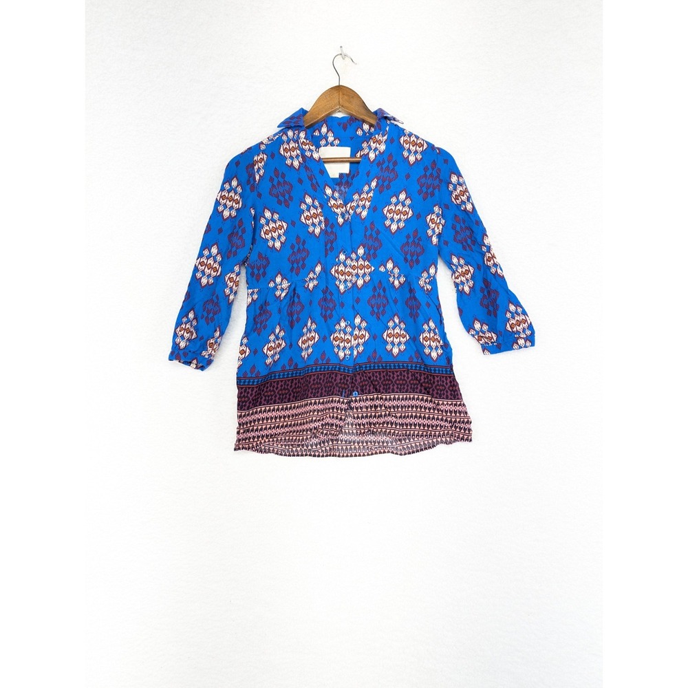 Maeve Woodland Walk Button Down Size 0 Blue Geometric Ikat Print Anthropologie